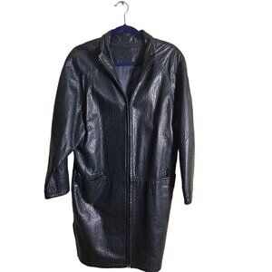 Vintage Genuine Leather Black Green Textured Leather Trench Coat Mob Wife Size M